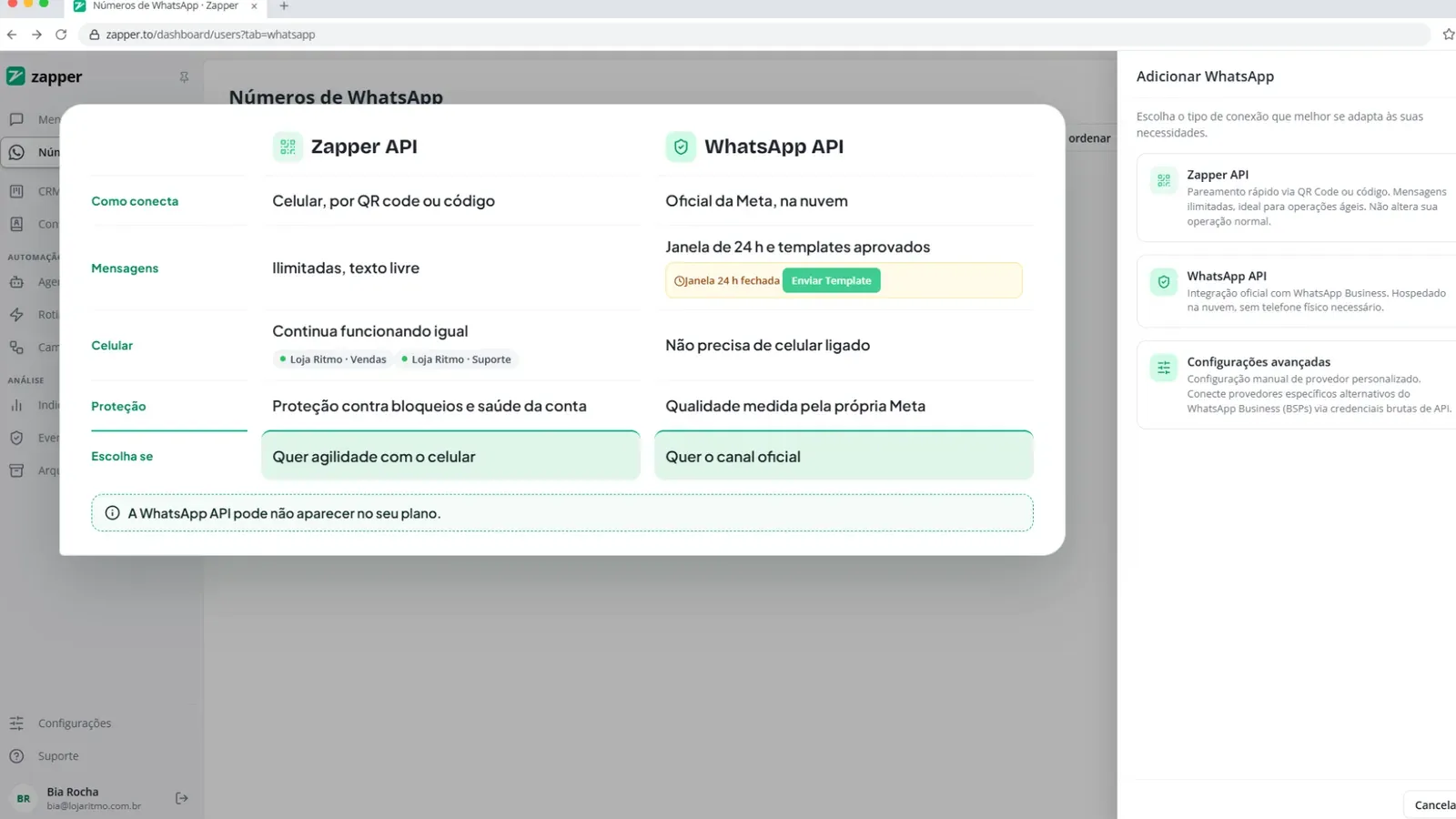 Quadro comparando Zapper API e WhatsApp API ao lado do painel Adicionar WhatsApp