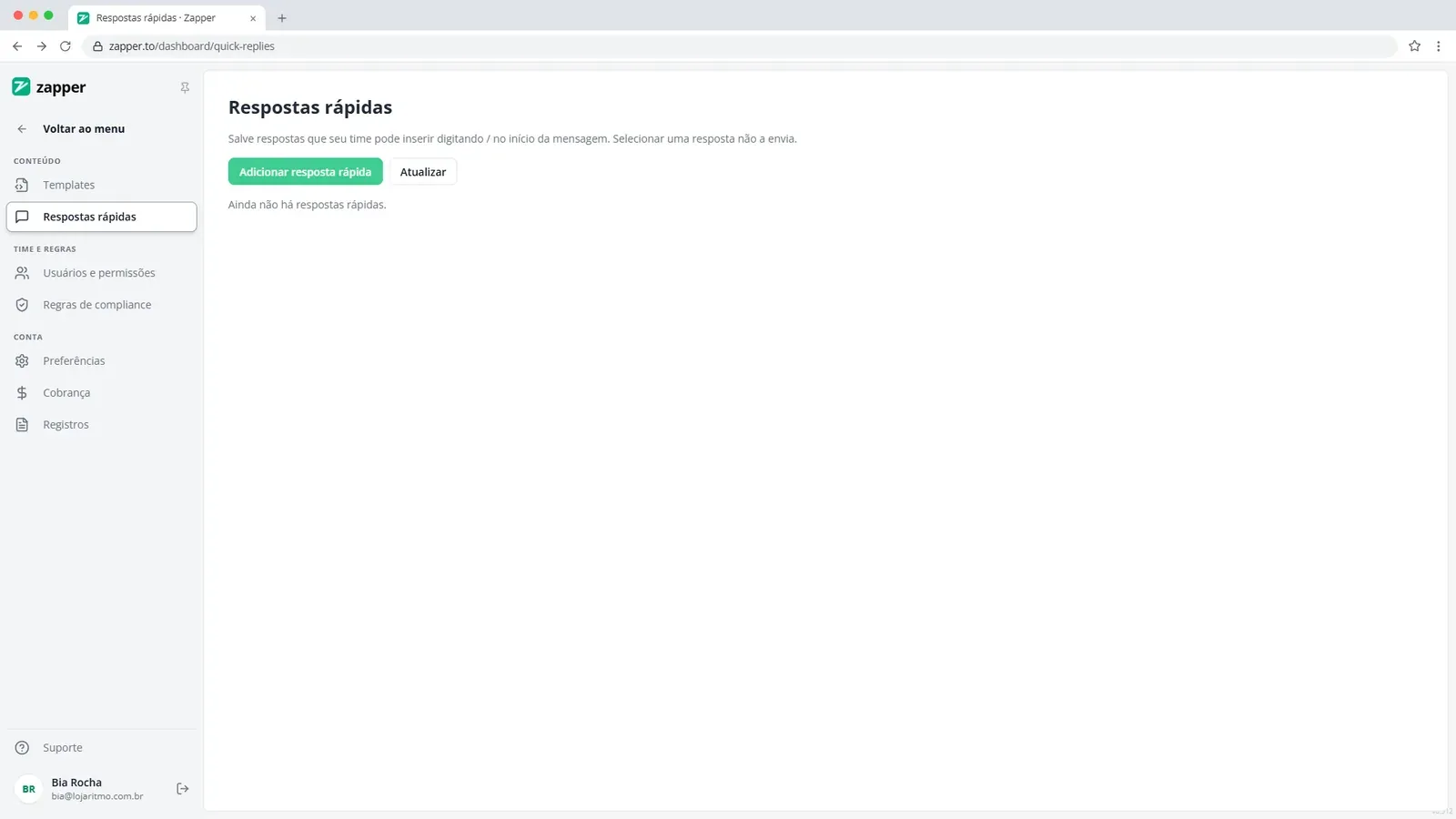 Tela do passo 1: Abra as respostas rápidas