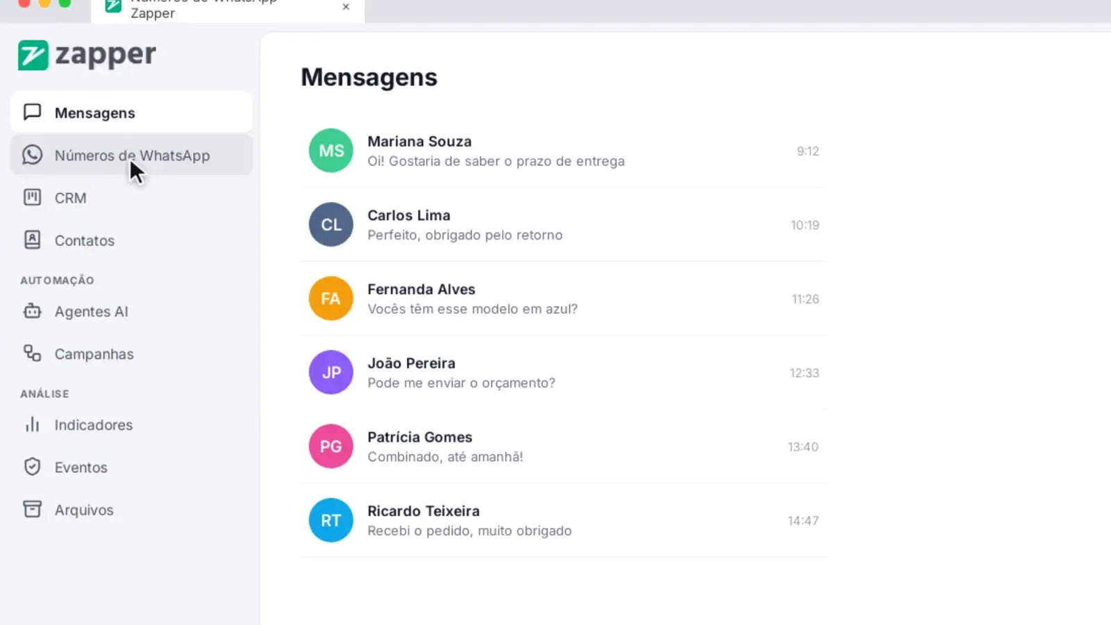 Tela do passo 1: Abra "Números de WhatsApp"