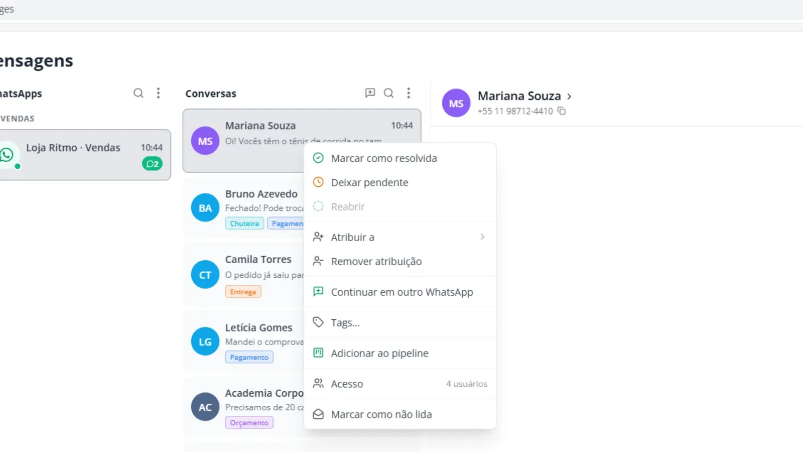 Tela do passo 1: Abra o menu da conversa