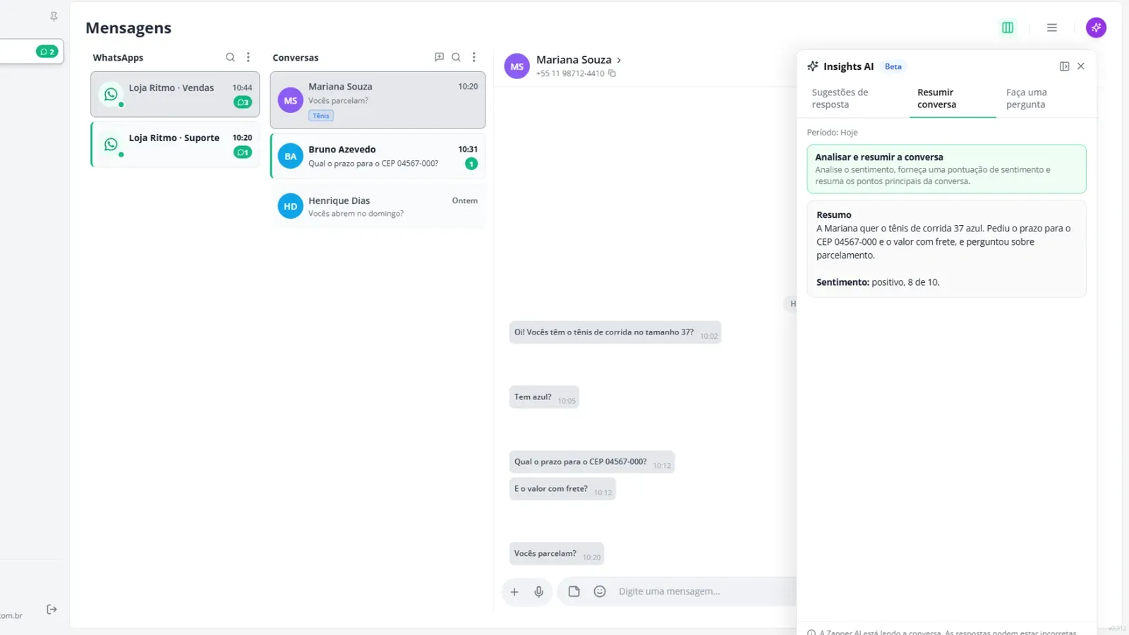 Tela do passo 1: Abra os insights da conversa