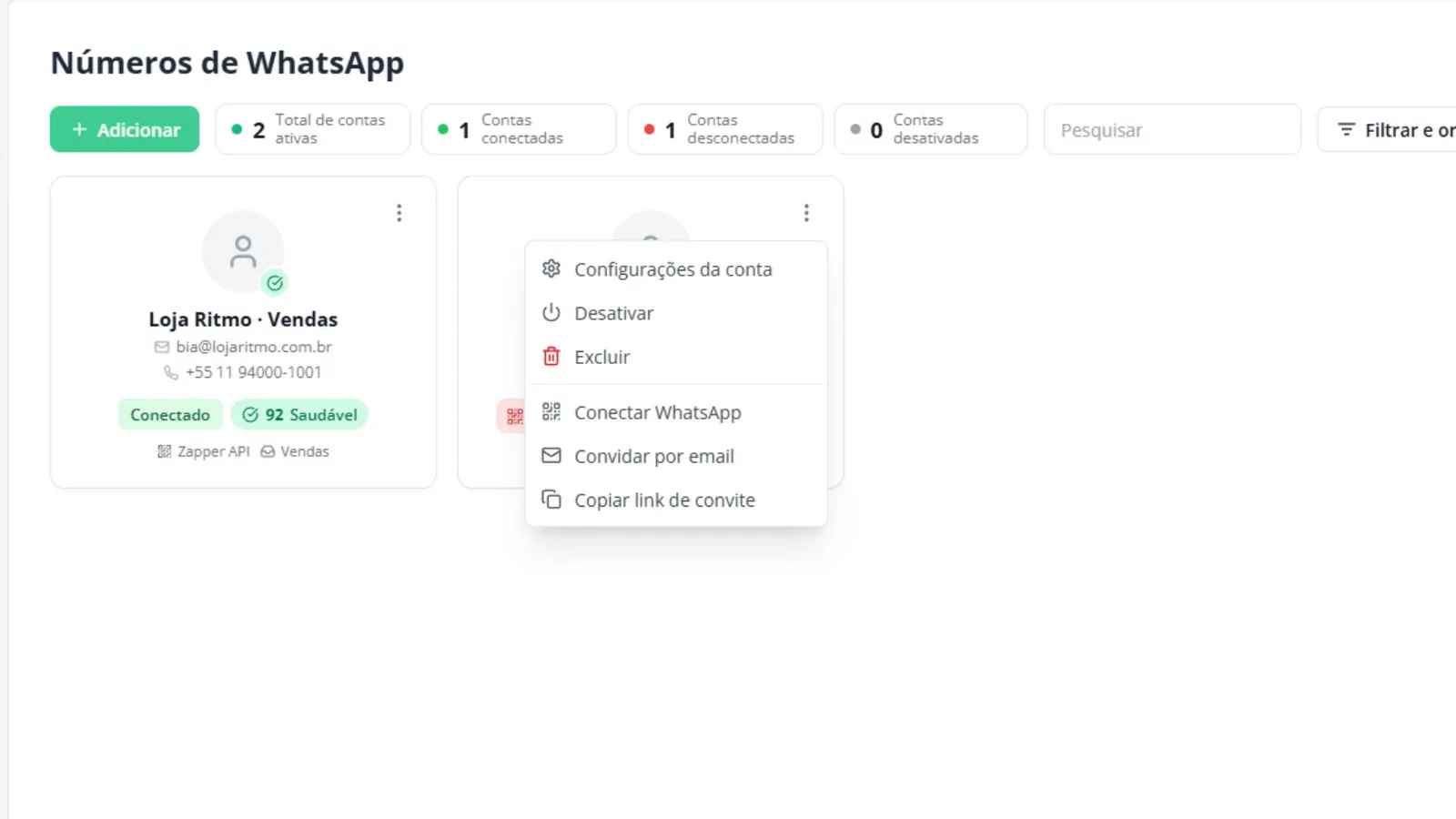 Tela do passo 1: Abra o menu do cartão do número