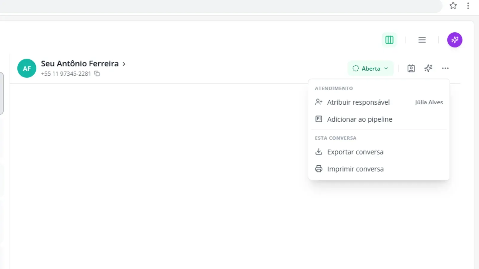 Tela do passo 1: Abra o atendimento da conversa