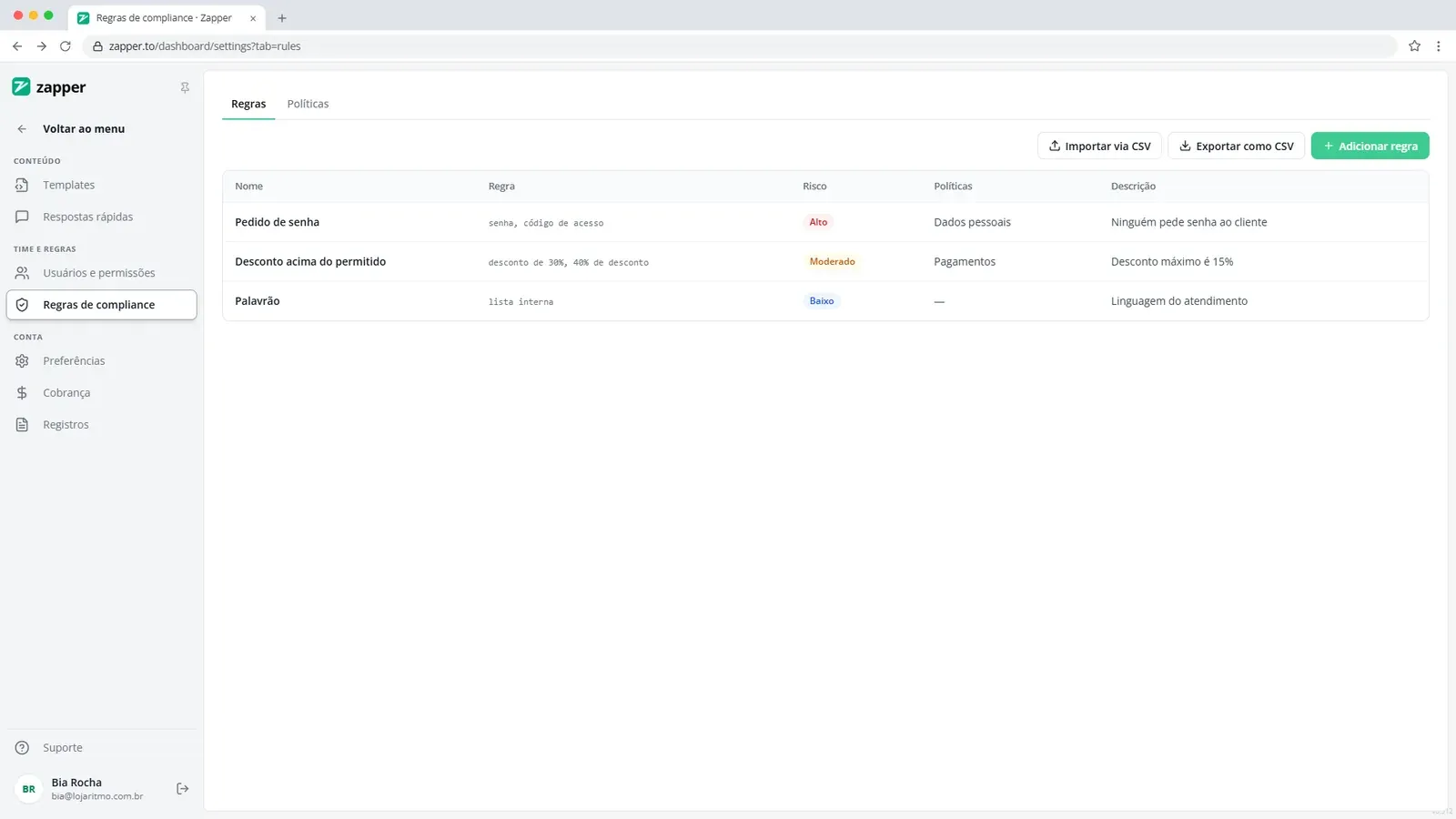 Tela do passo 1: Abra as Regras de compliance