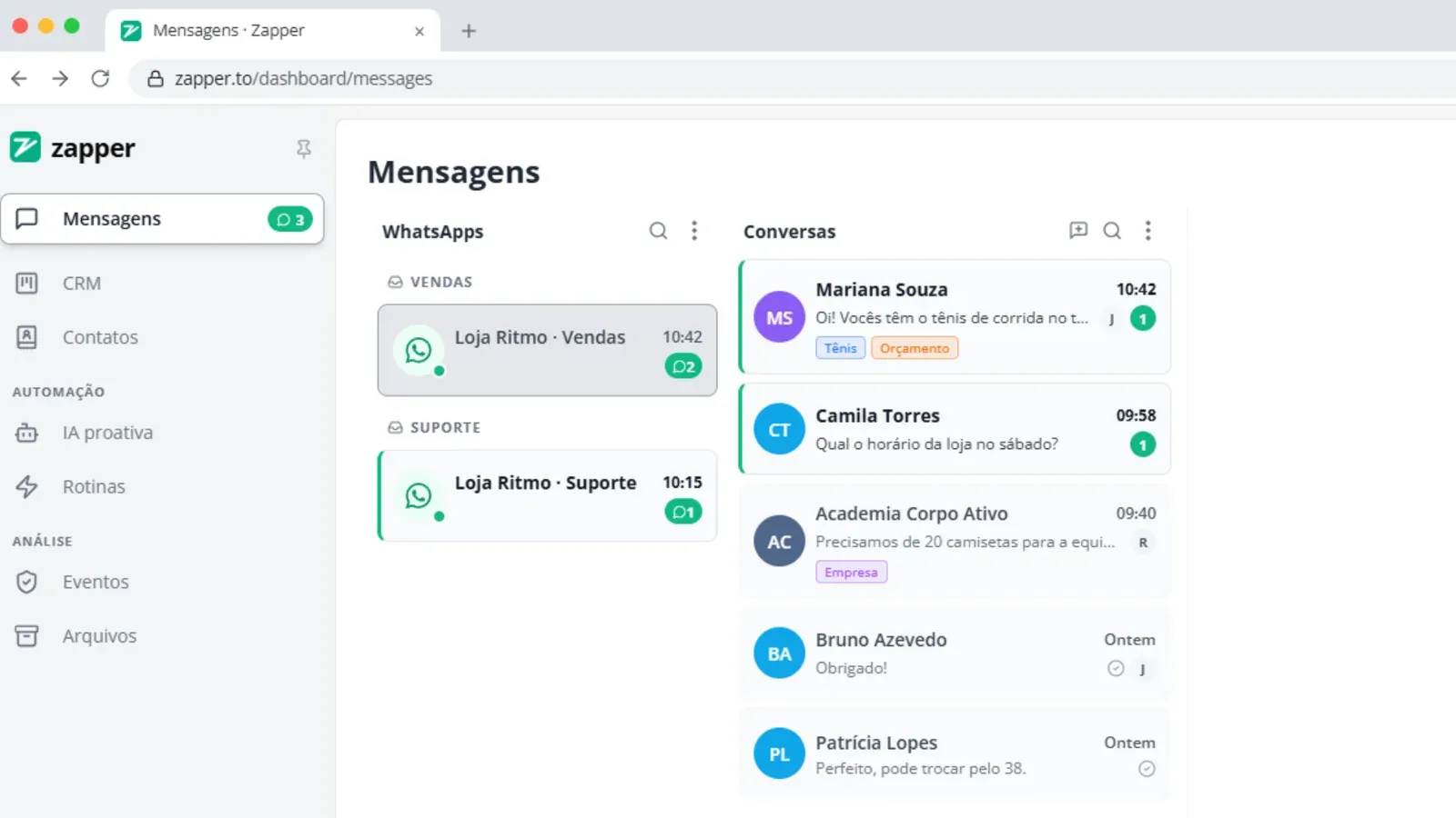 Tela do passo 2: Escolha o número na coluna WhatsApp