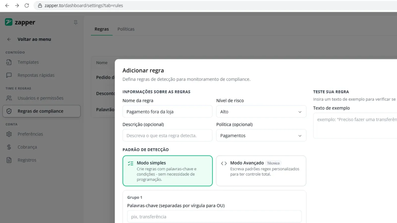 Tela do passo 2: Comece uma regra nova