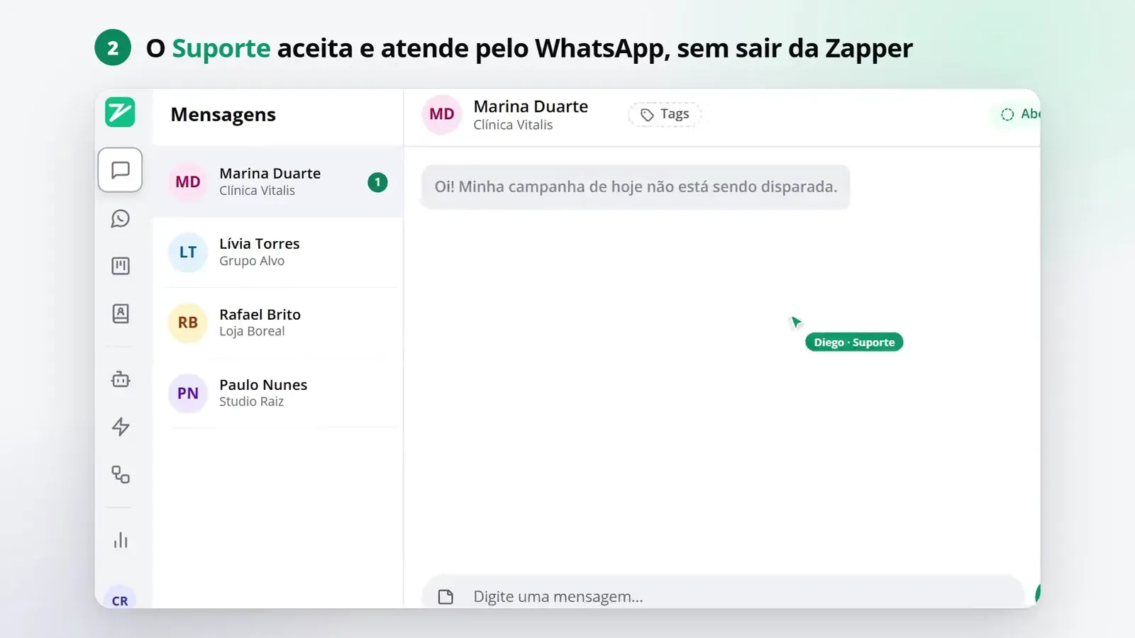 Tela do passo 2: O suporte aceita e atende pelo WhatsApp
