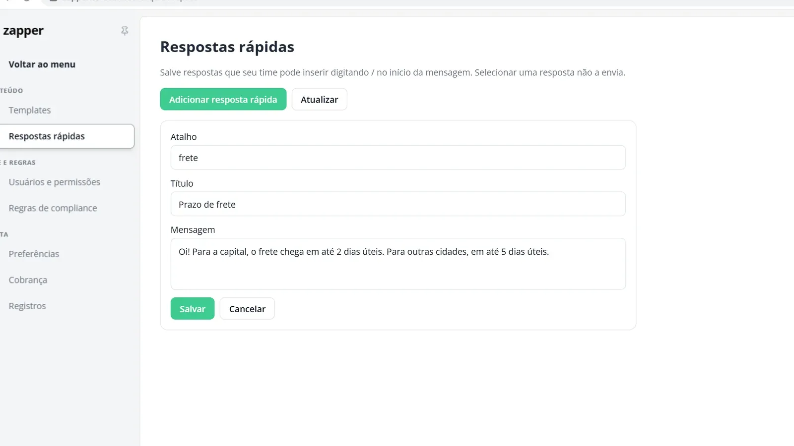 Tela do passo 2: Preencha atalho, título e mensagem