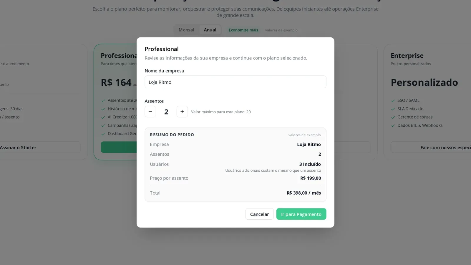 Tela do passo 3: Informe a empresa e os assentos