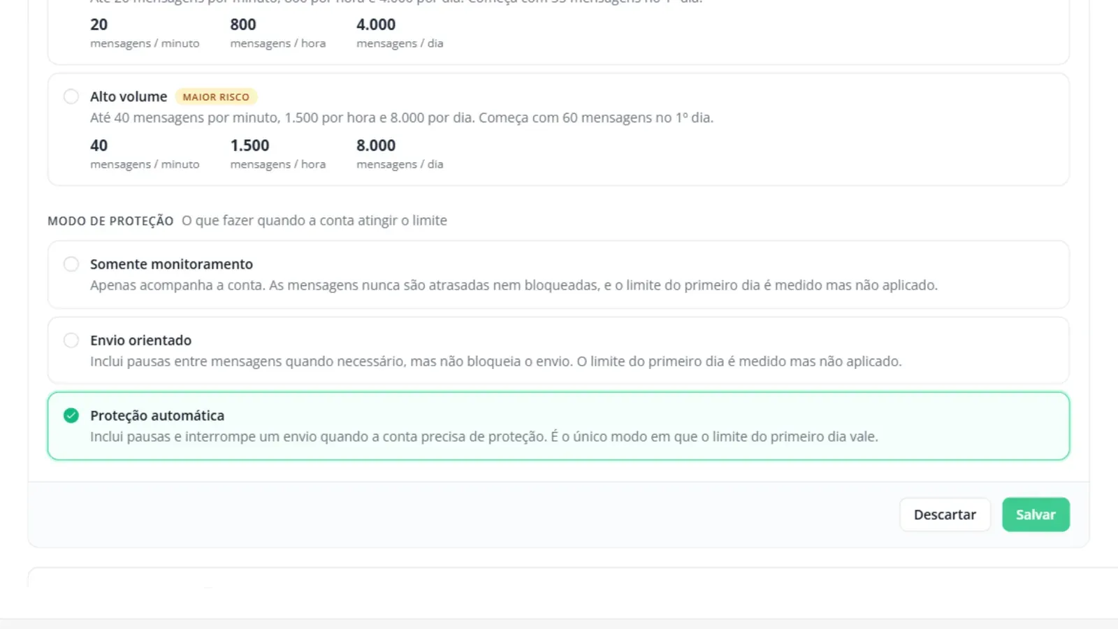 Tela do passo 3: Escolha o modo de proteção