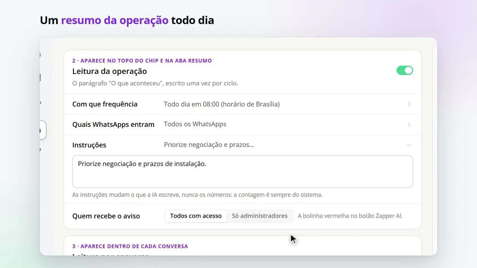 Tela do passo 3: Ligue a leitura da operação