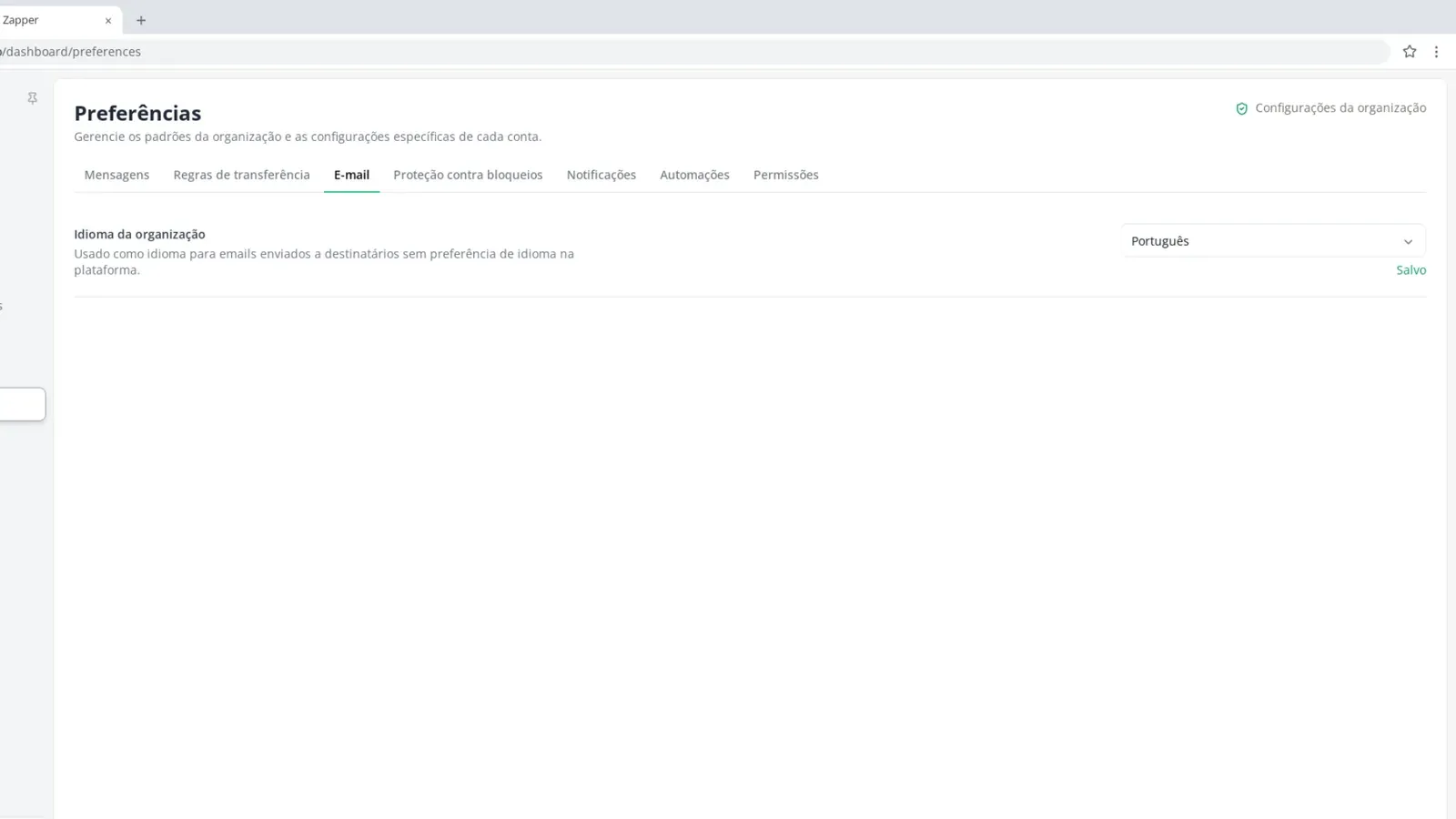 Tela do passo 3: E-mail: idioma da organização