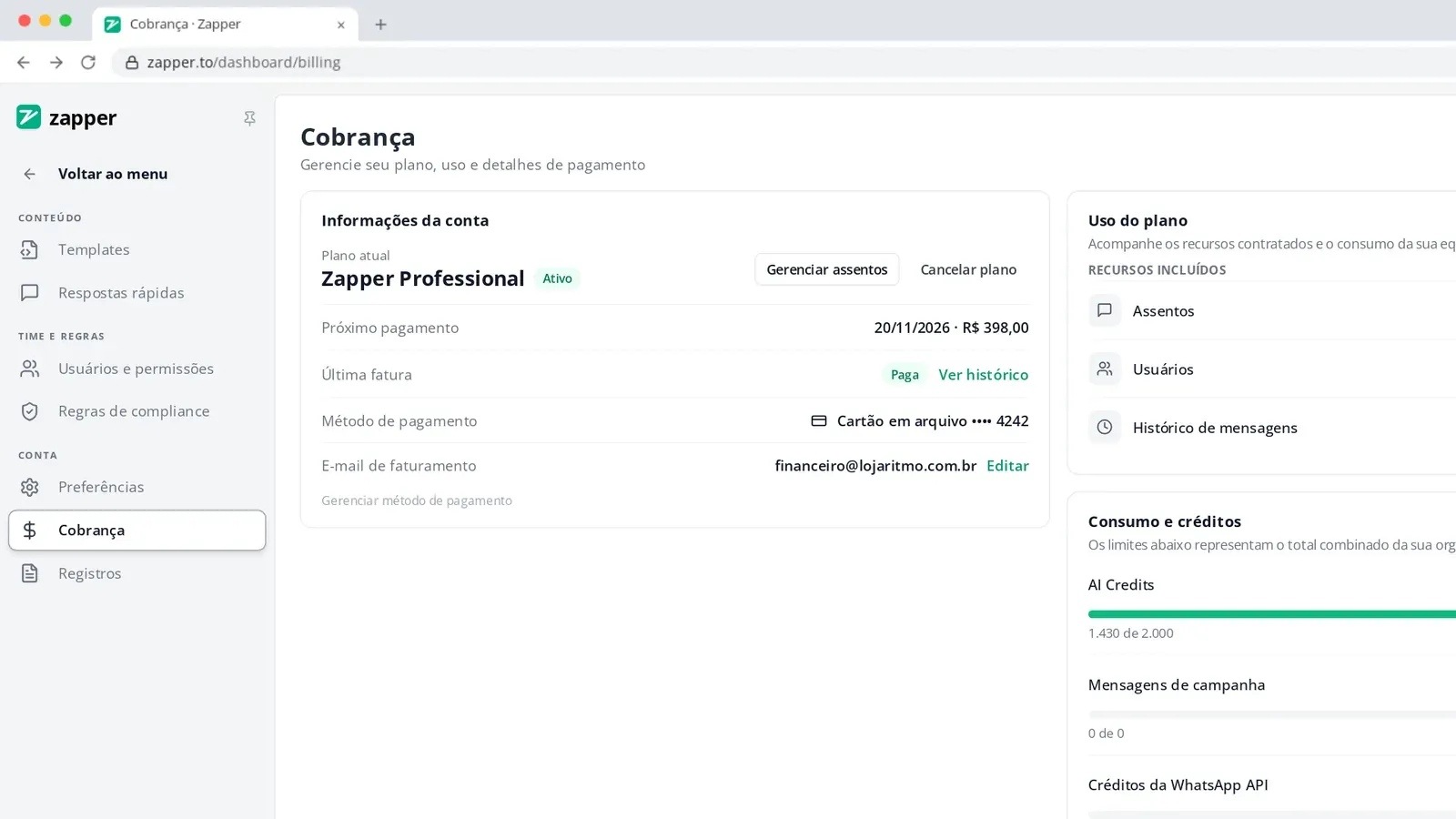 Tela do passo 5: Acompanhe o plano em Cobrança