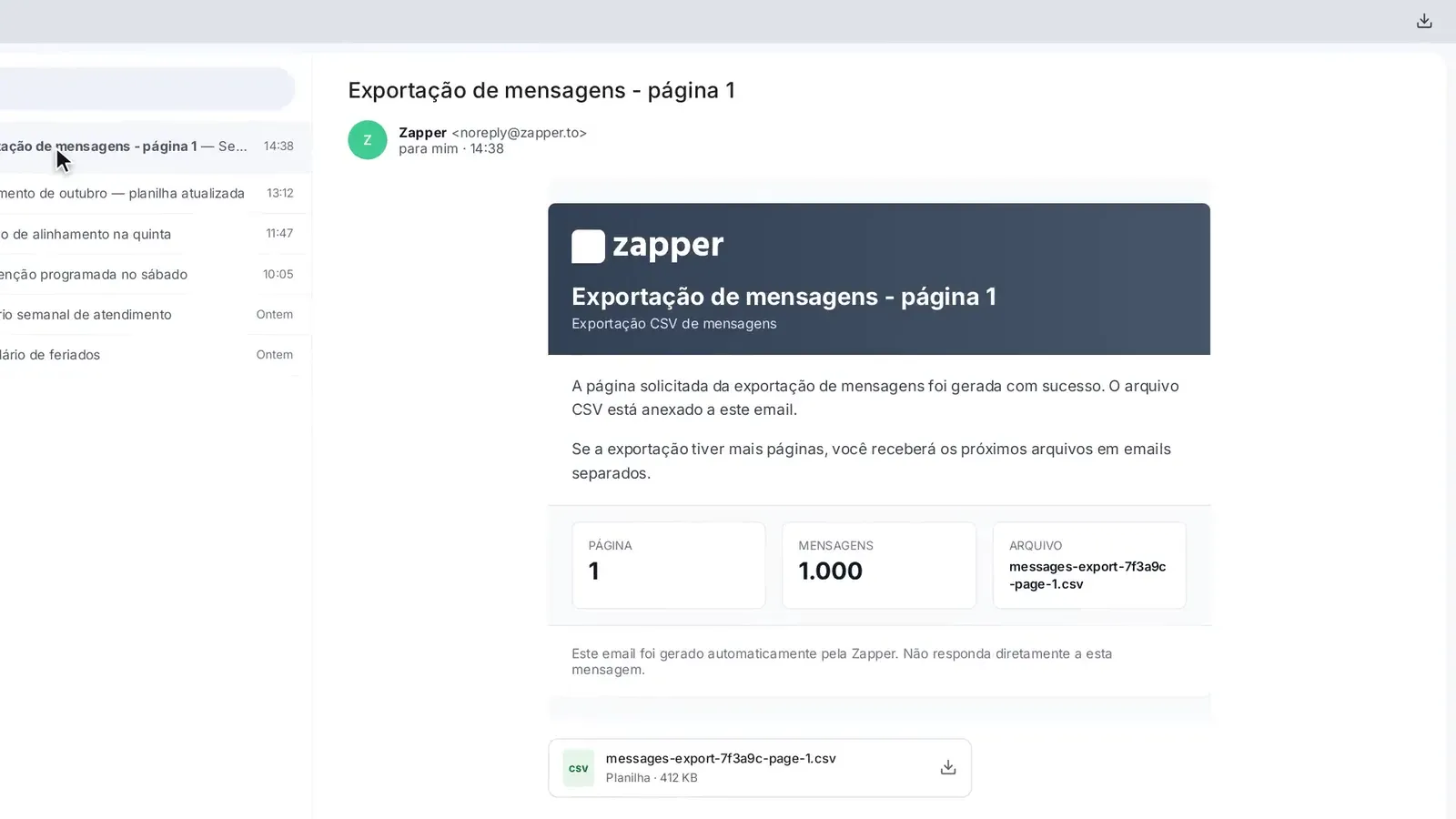 Tela do passo 5: Receba o arquivo por e-mail